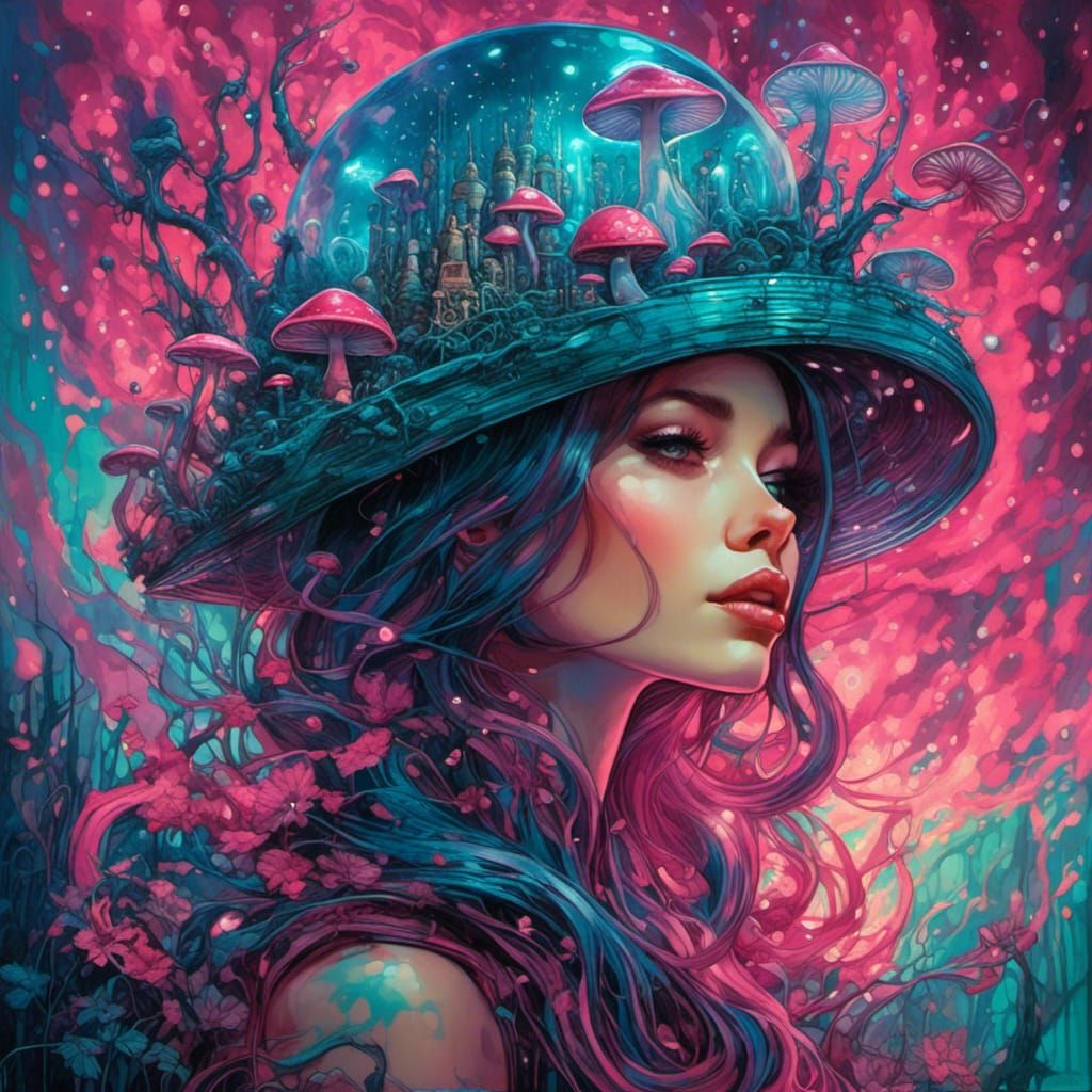 Electric Pink Mushroom in Glowing Forest, Pop Surrealism