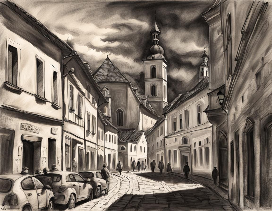Bustling Street Scene in Samobor, Croatia: Charcoal Drawing