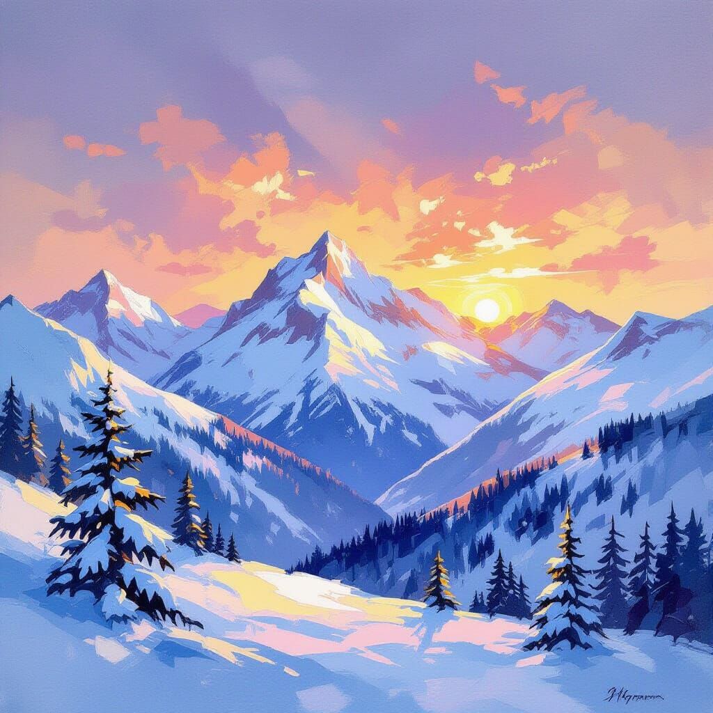 Snowy Mountains at Sunset: Gouache Watercolor Style