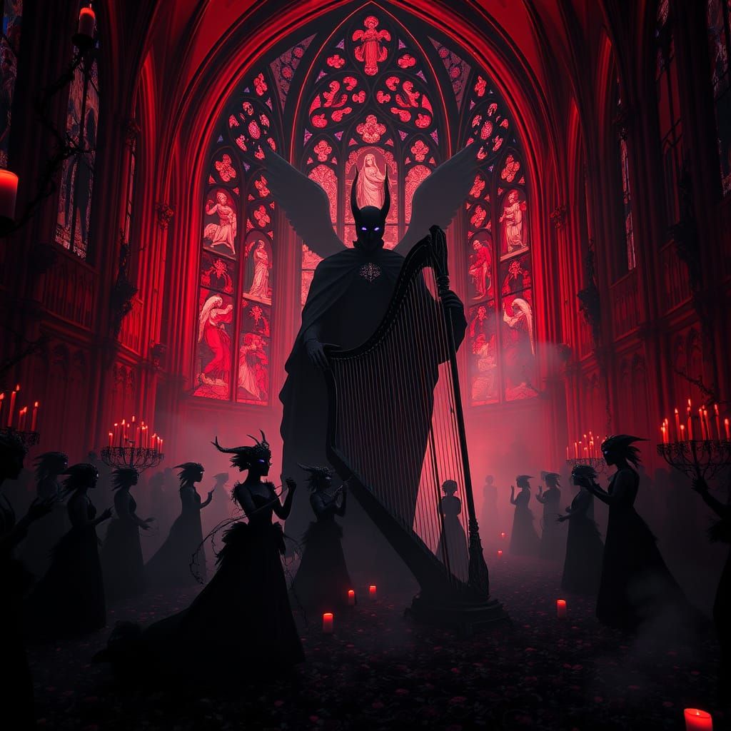 Gothic Masquerade Ball in Red Lit Cathedral