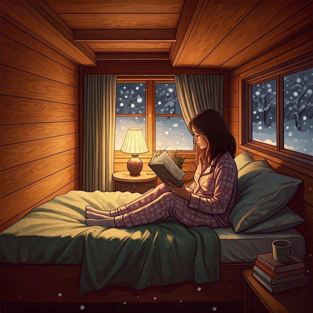 Woman in Cozy Bed Reading by Soft Lamp Light in Whimsical Wa...