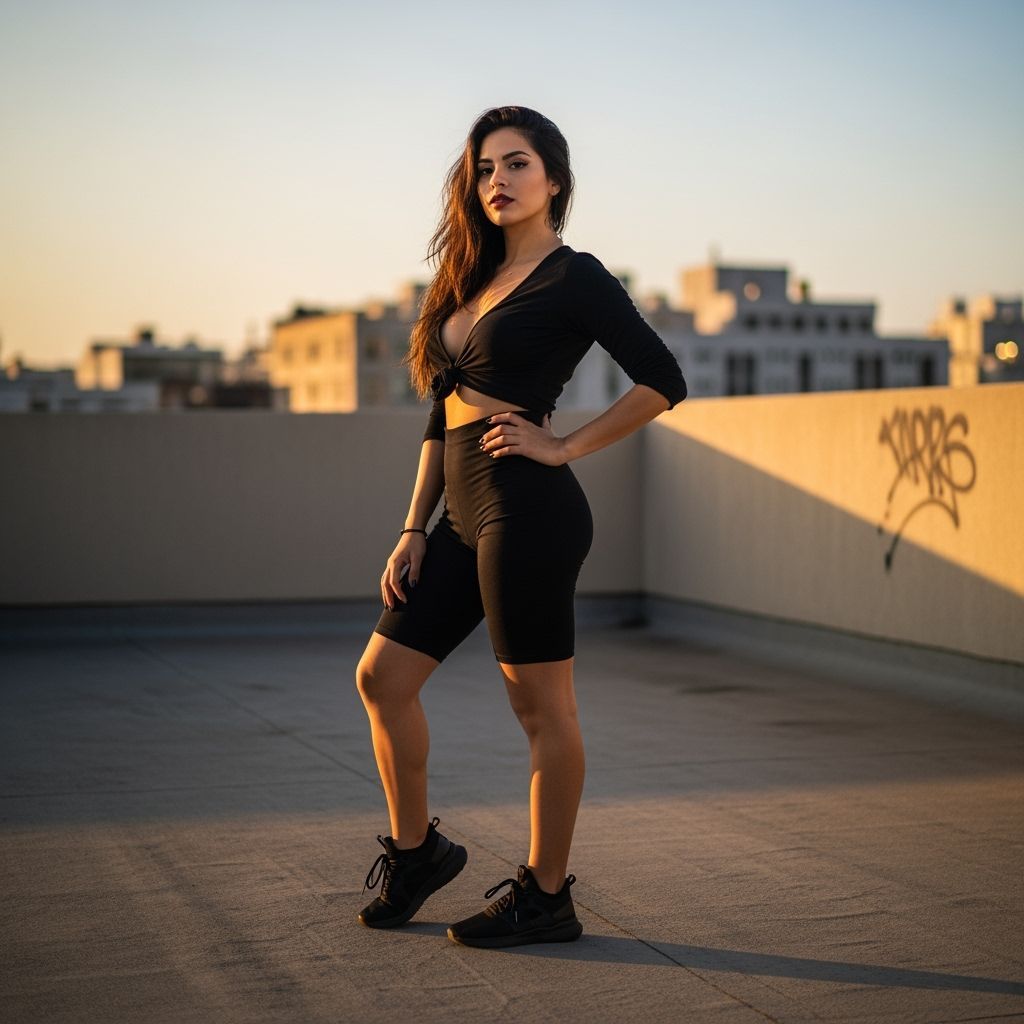 Latina Poses on Rooftop at Sunset in Urban Photography Style