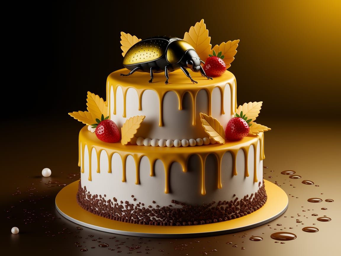 Vibrant Beetle-Themed Cake with Golden Accents