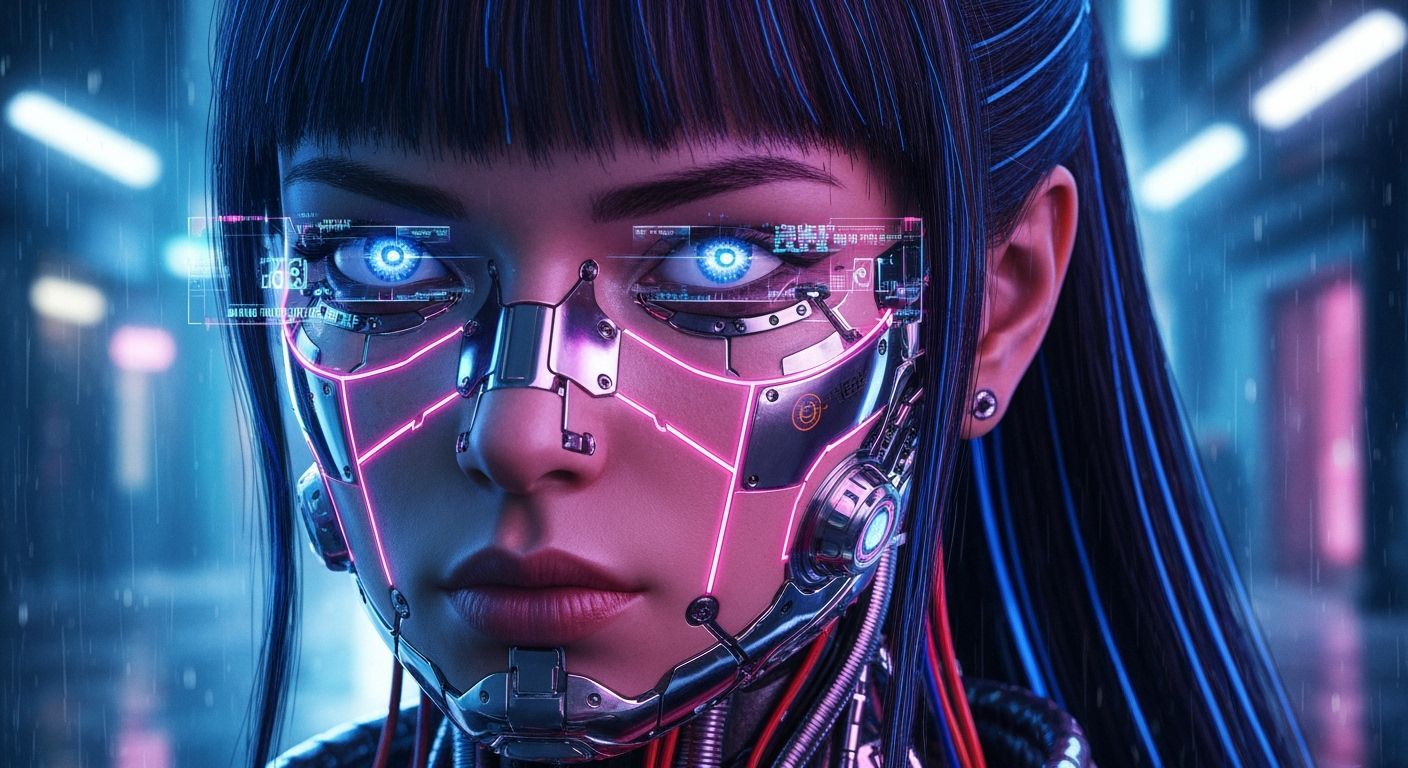 Cyberpunk Girl Portrait with Neon Circuits and Blue Eyes