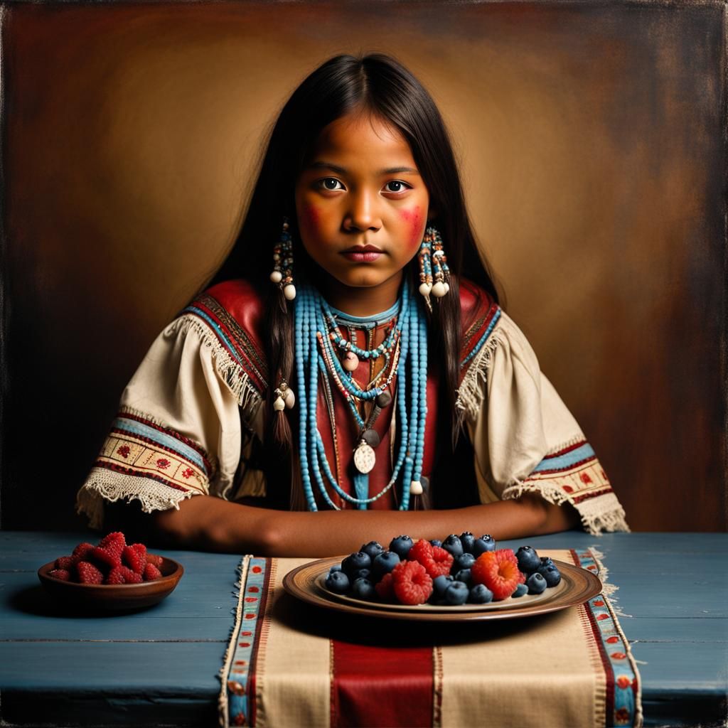 Lakota Girl at Tablescape with Volumetric Shadows