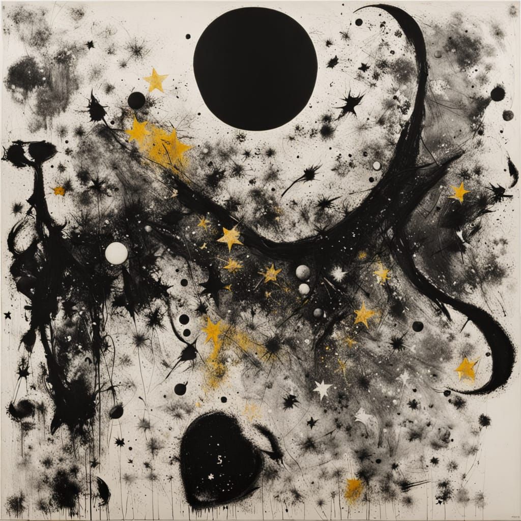 Black and White Moonlit Water Reflection in Action Painting ...