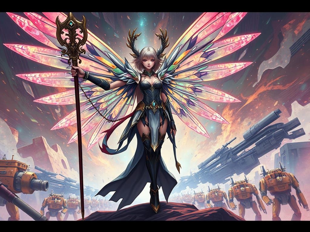 Fairy Warrior Summoning Mechanical Legion in Vibrant Anime S...