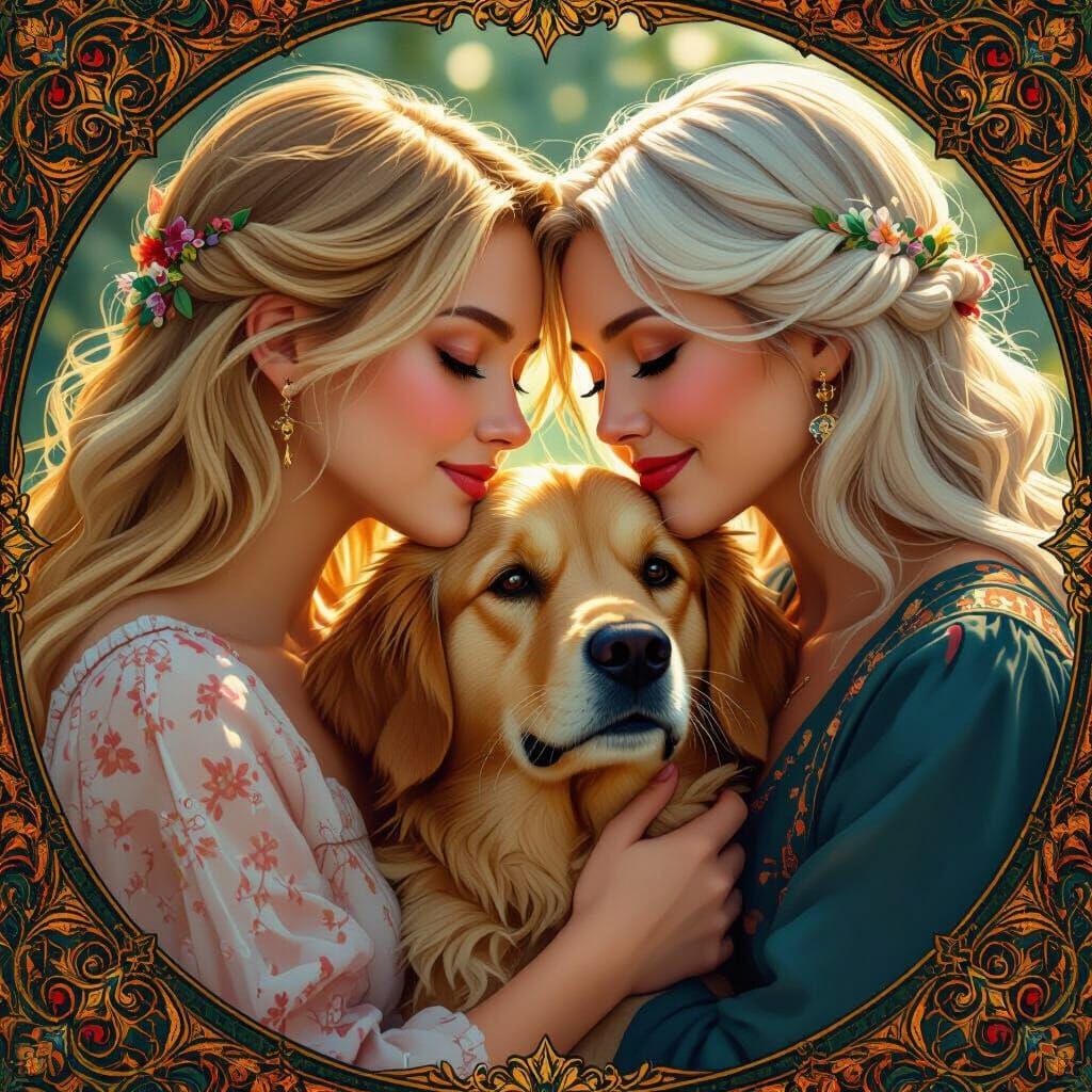 Heartfelt Family Moment with Dog, Fantasy Realism Style