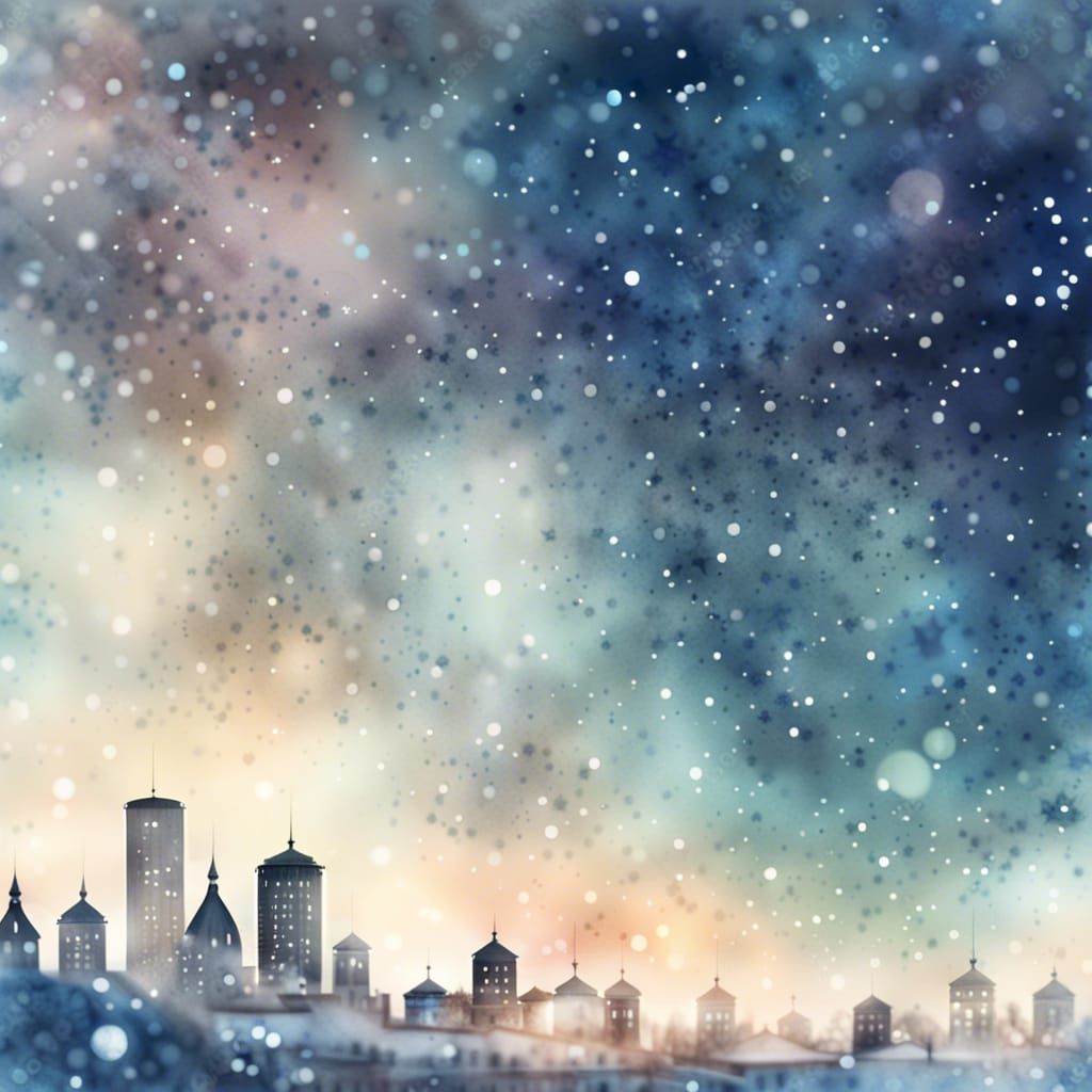 Winter City Panorama under Starry Sky in Double Exposure