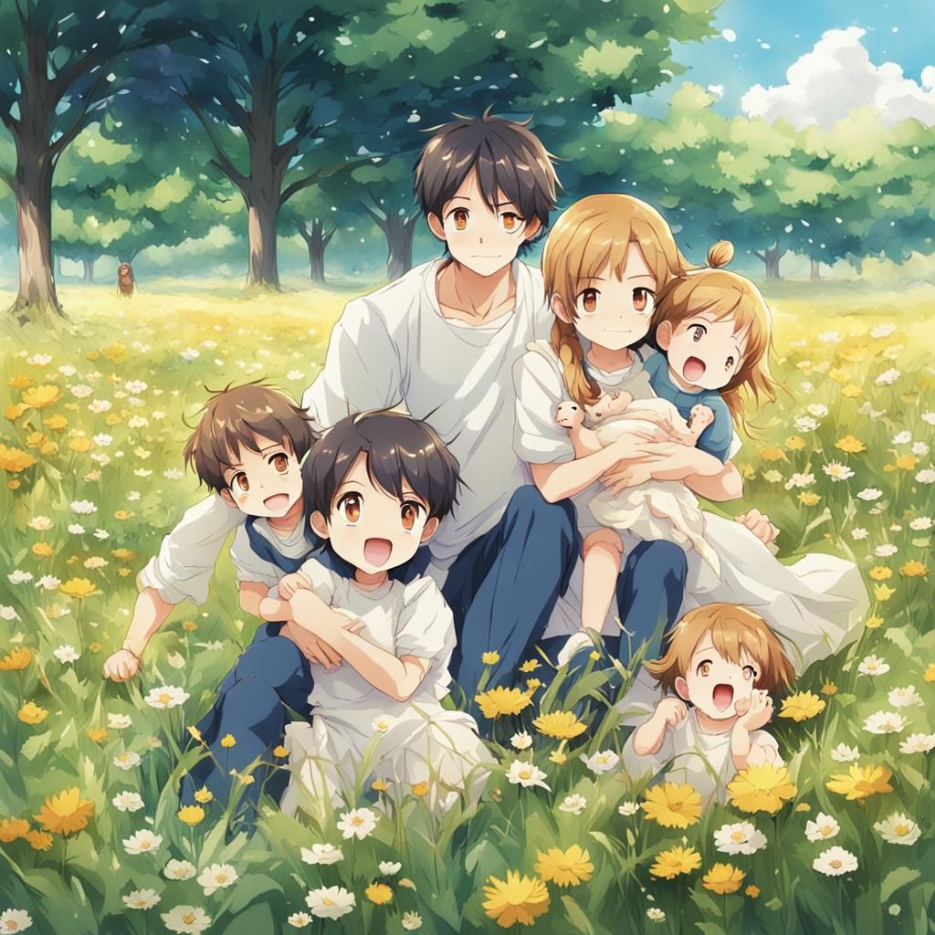 Anime Family Scene in Sunny Meadow