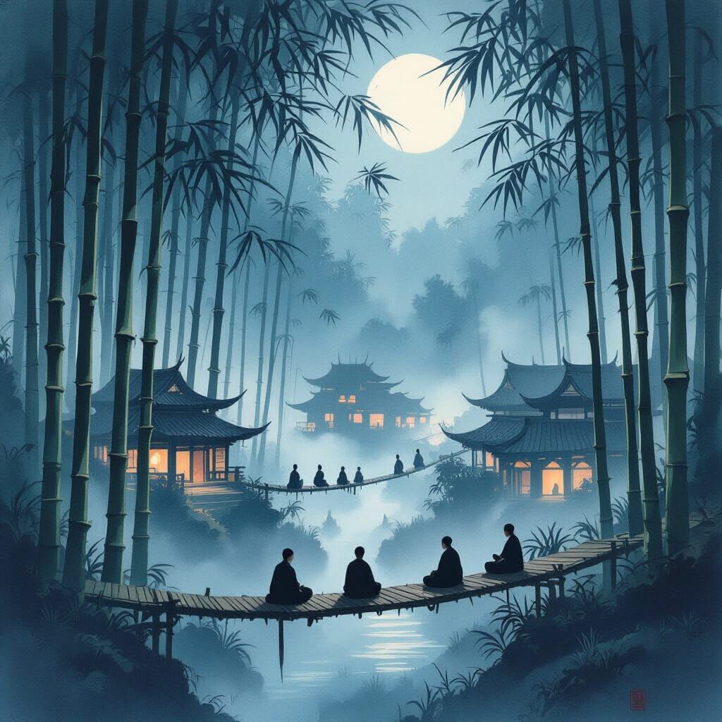 Moonlit Bamboo Forest: A Japanese-Style Village
