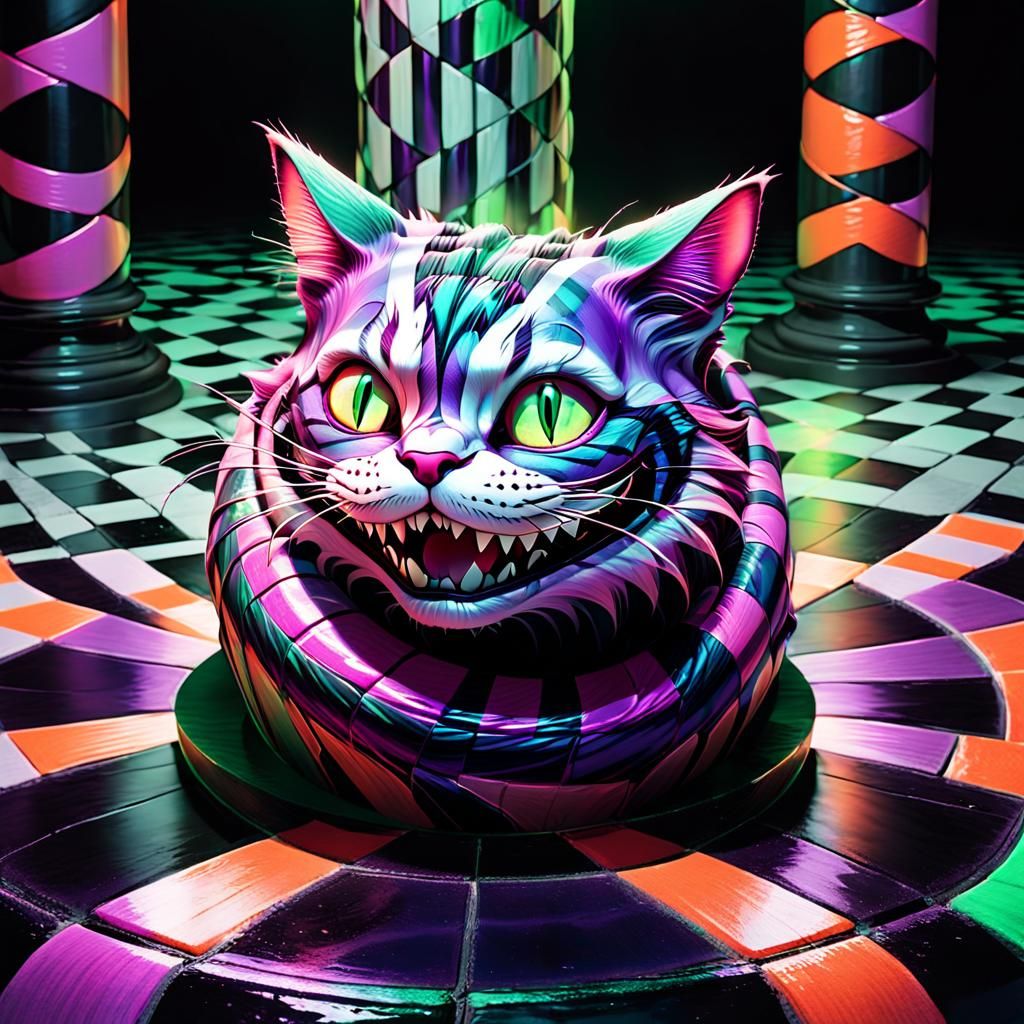 Psychedelic Cheshire Cat on Checkered Pillar