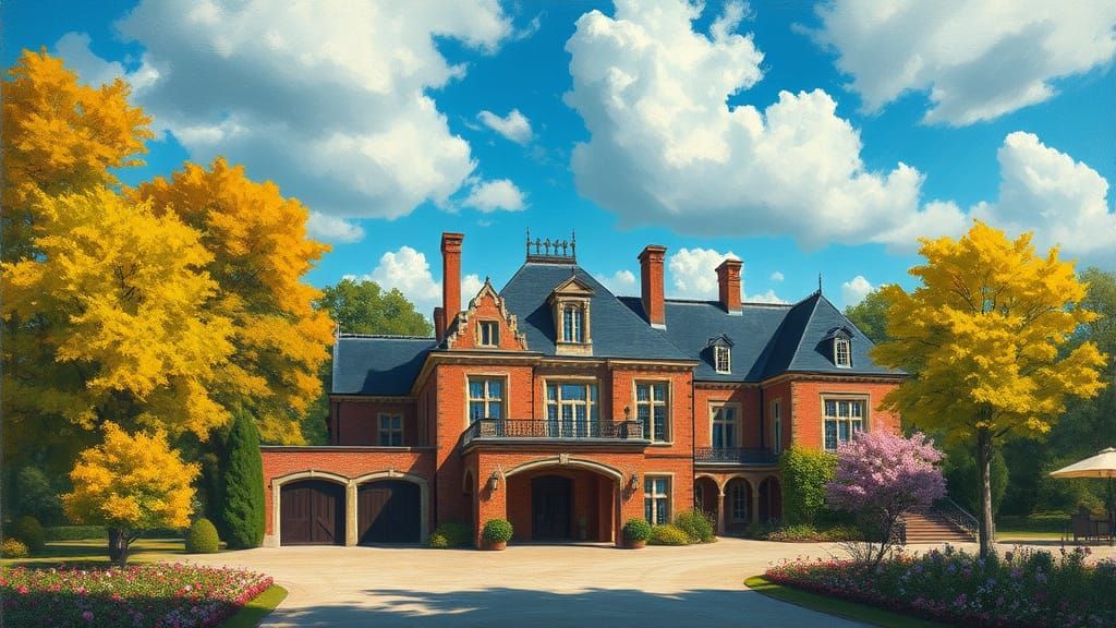 Grand Brick Chateau with Vibrant Garden in Painterly Style