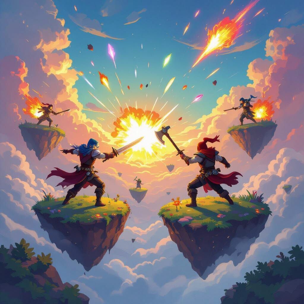 Bed Wars Players Battle on Floating Islands in Vibrant Digit...