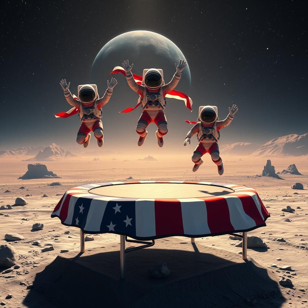 Kid astronauts jumping on an American Flag trampoline on the...