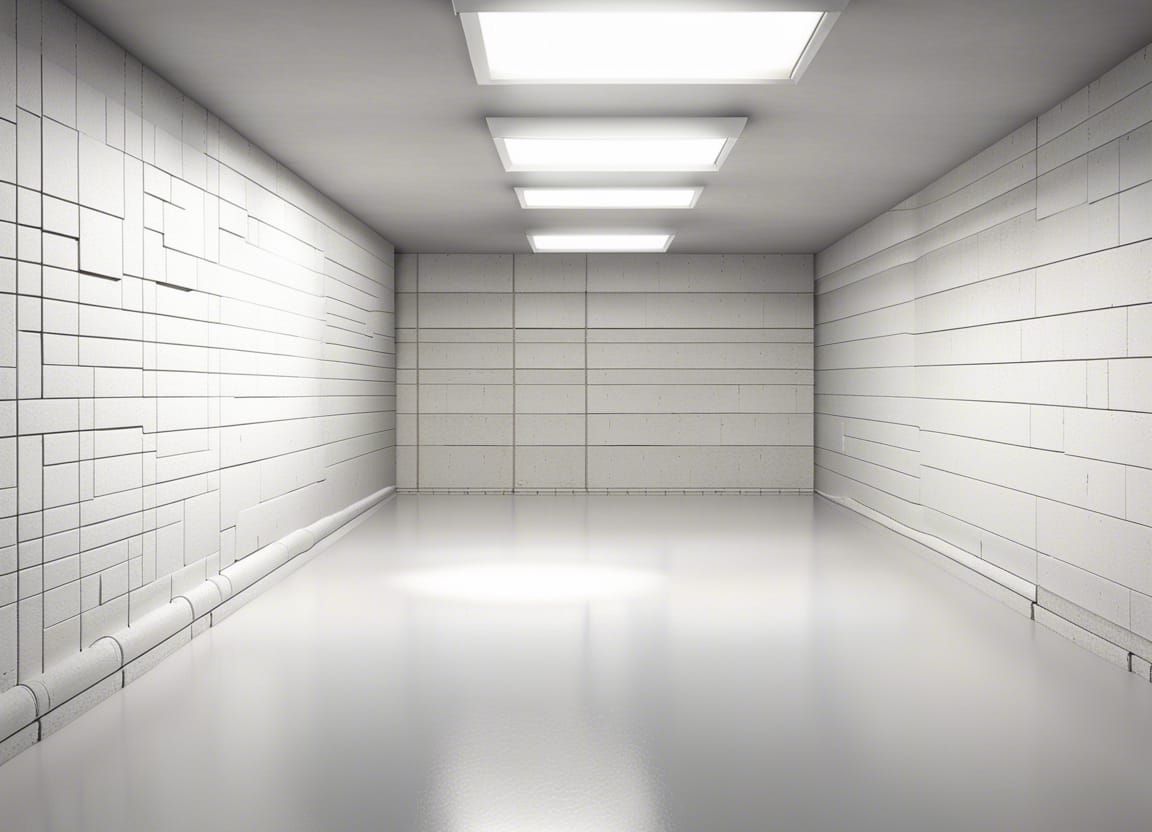 empty basement white cinderblock walls one overhead light no windows straight view some visible pipes photorealistic Pro...