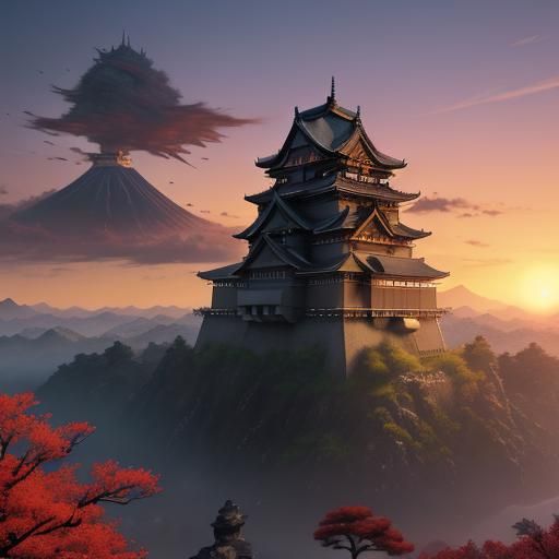 Detailed Japanese Castle with Rising Sun: Matte Painting