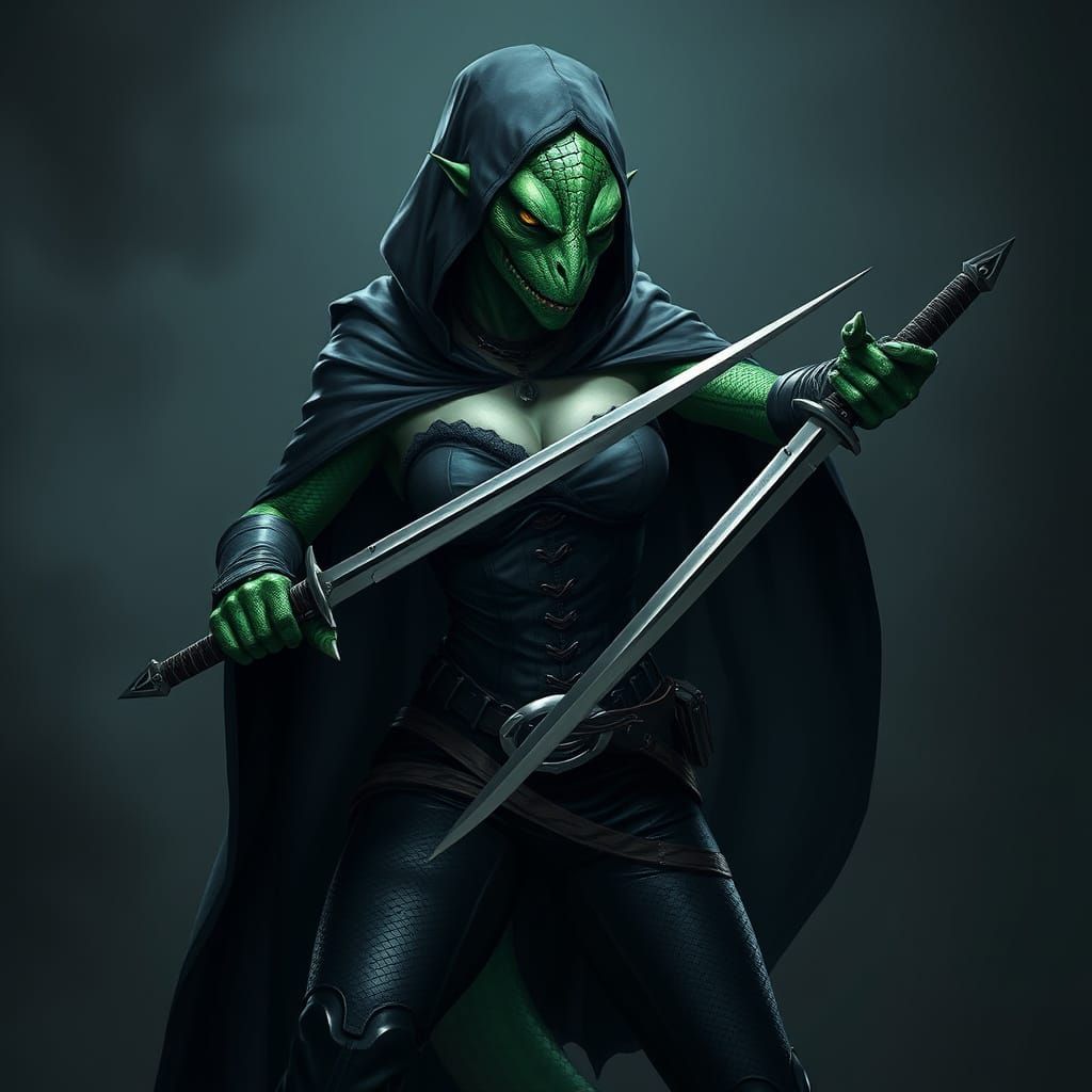 Elegant Dragonborn Warrior in Emerald Green Scales, Black Ca...