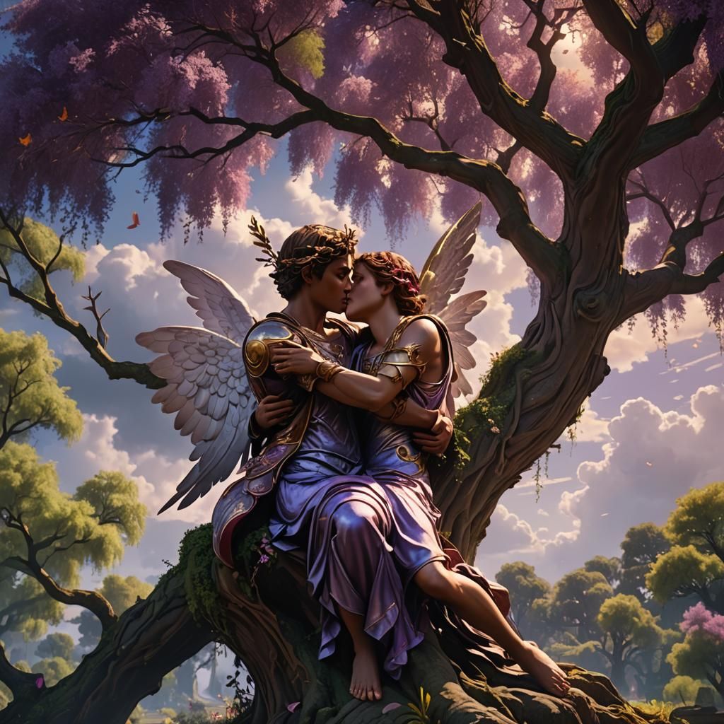 Cupid Watches Lovers Embrace: Dark Fantasy Concept Art