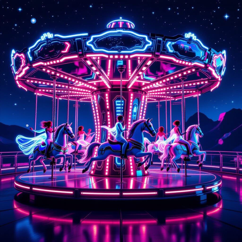 Futuristic Space Carousel with Neon Lights and Pods