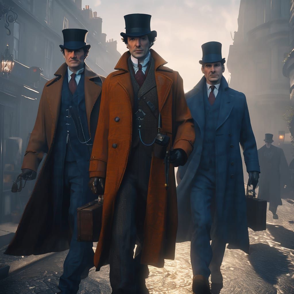 Sherlock Holmes and Watson in Foggy London, Fantasy Art