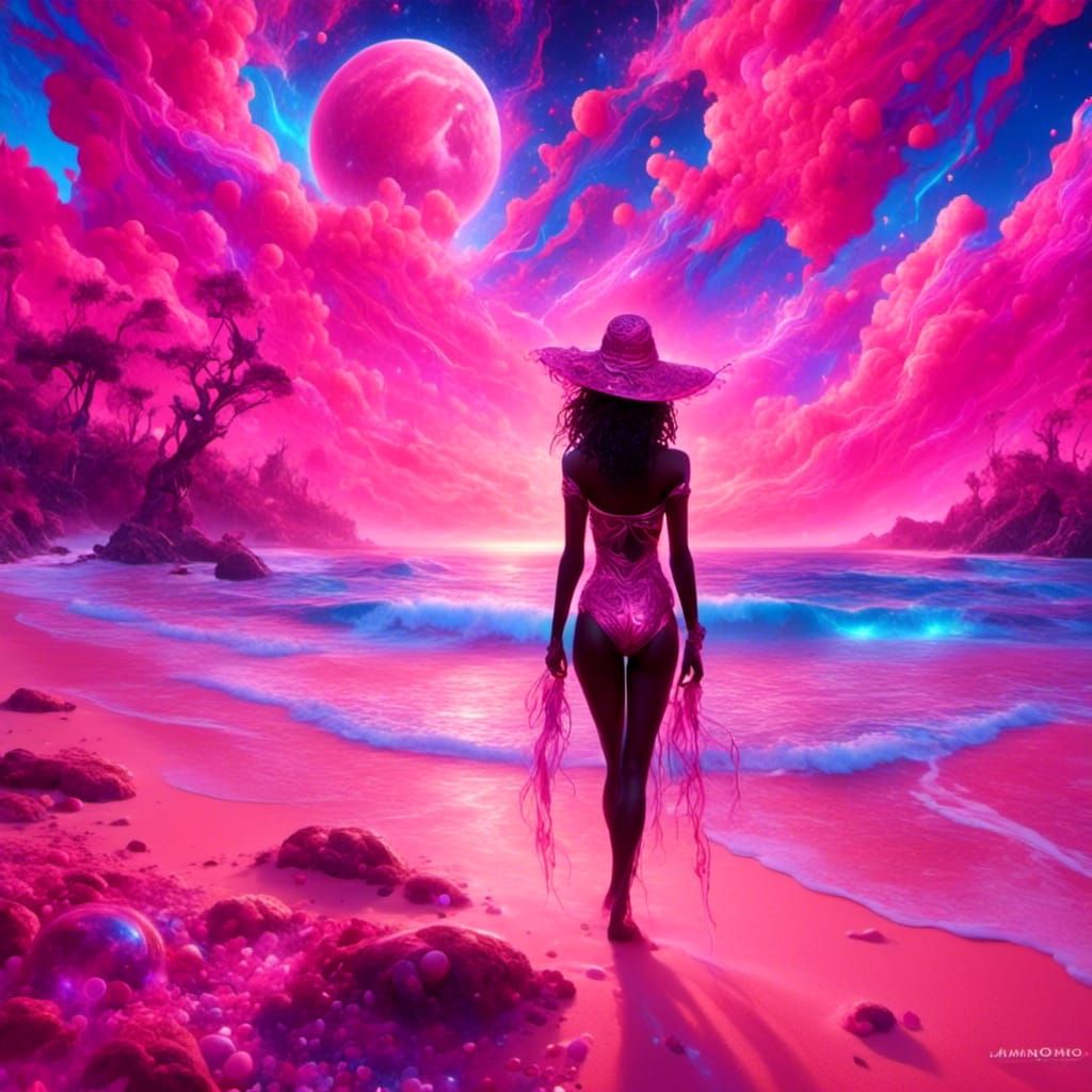 Fantasy Beach Scene with Pink Sand in Mixed Media