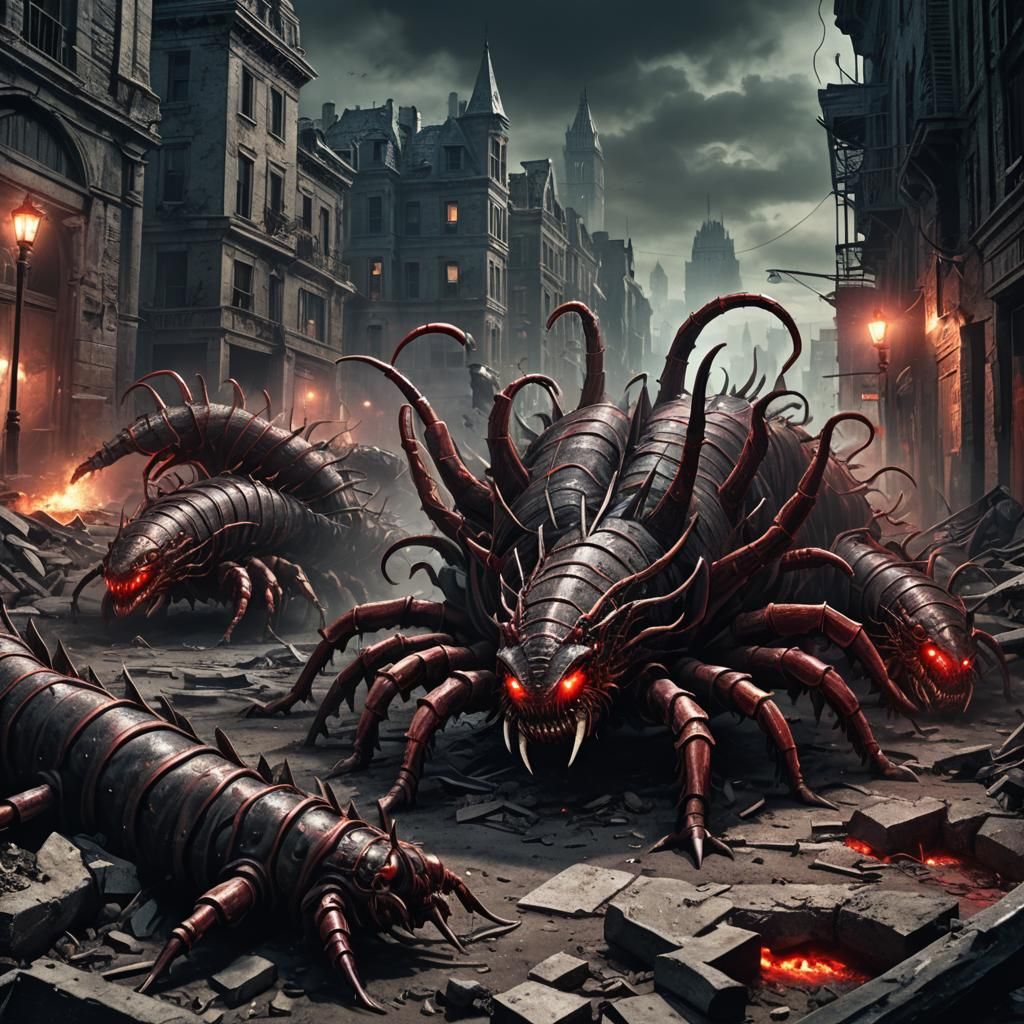 Giant War Centipedes in Ruined City: Dark Fantasy