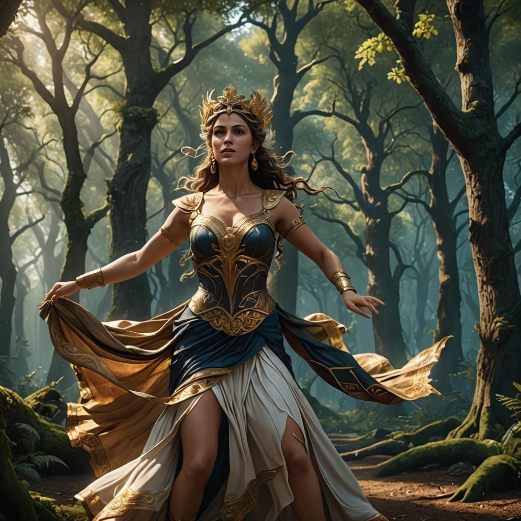 Greek Goddess Dancing in a Fantastical Forest