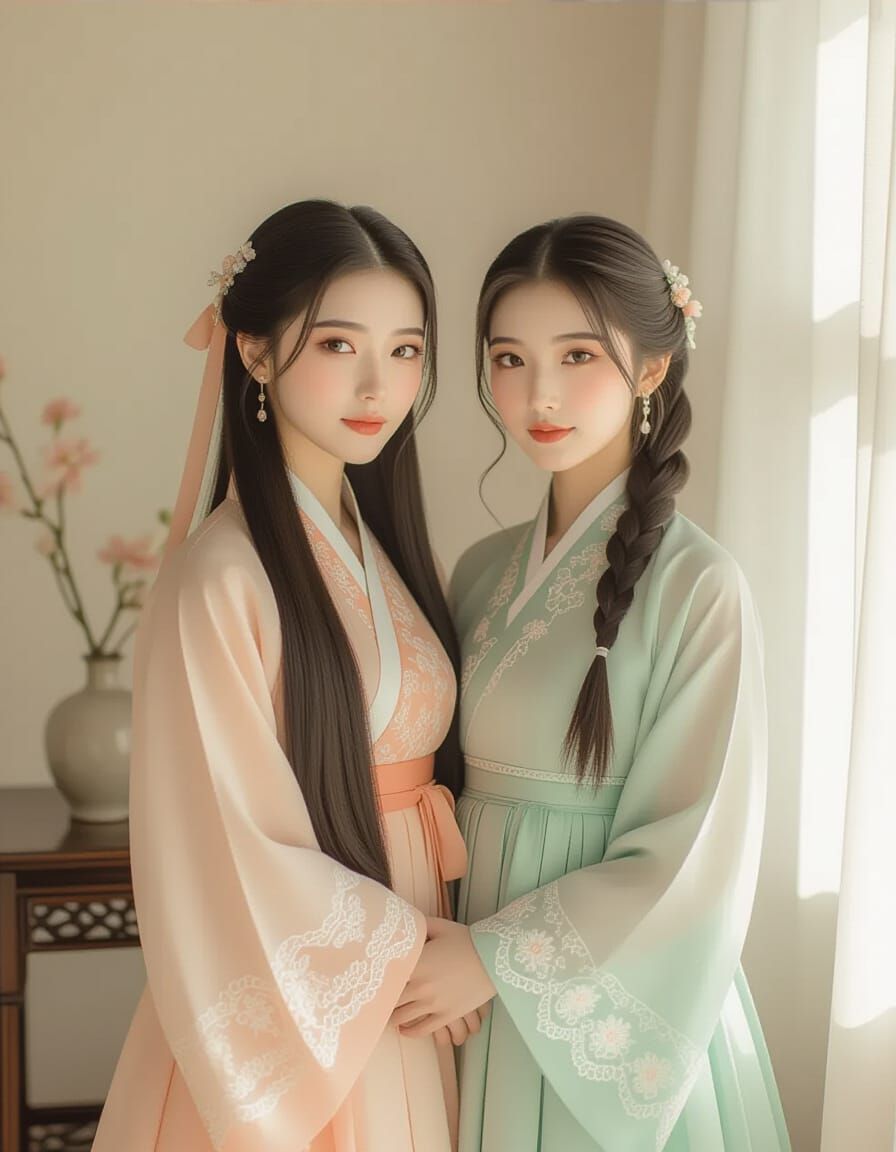 East Asian Women in Traditional Pastel Clothing