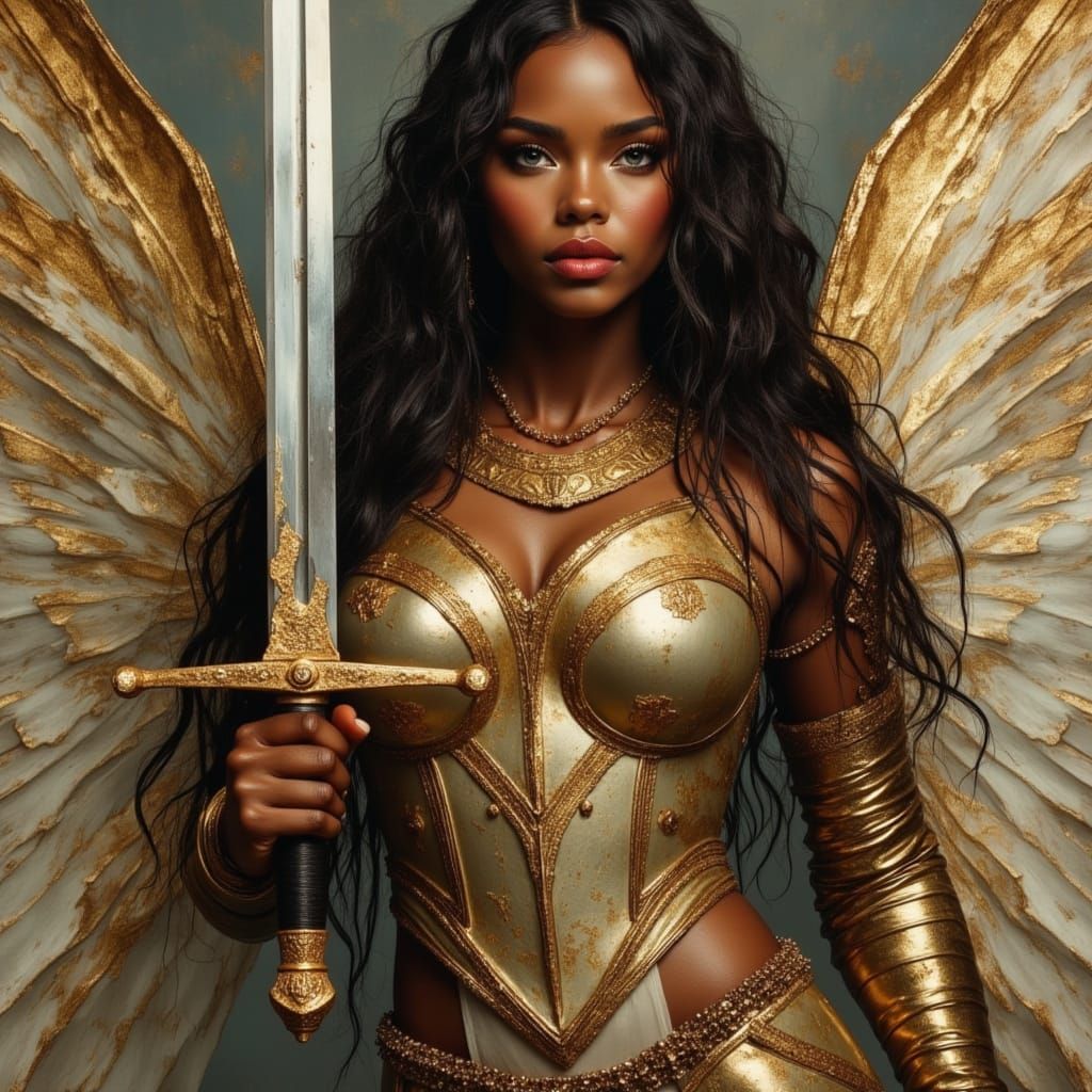 African Goddess Warrior with Sword in Gold Armor