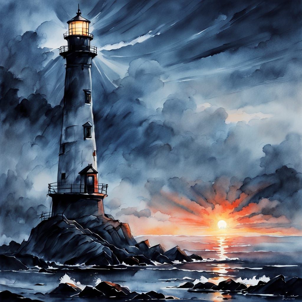 Lighthouse in Sumi-e Style Ink Illustration