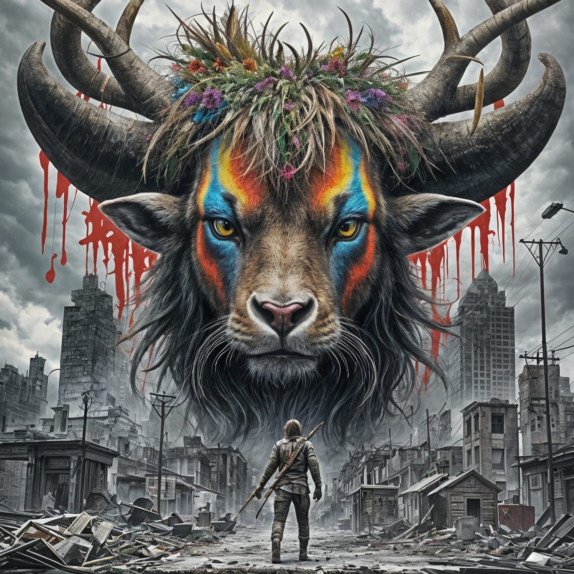 Antlered Minotaur in War-Torn City Ruins