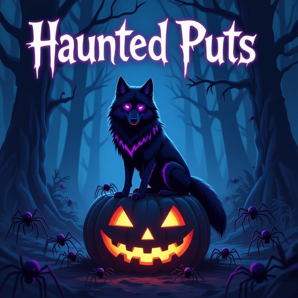 Black Wolf With Purple Veins On Haunted Pumpkin