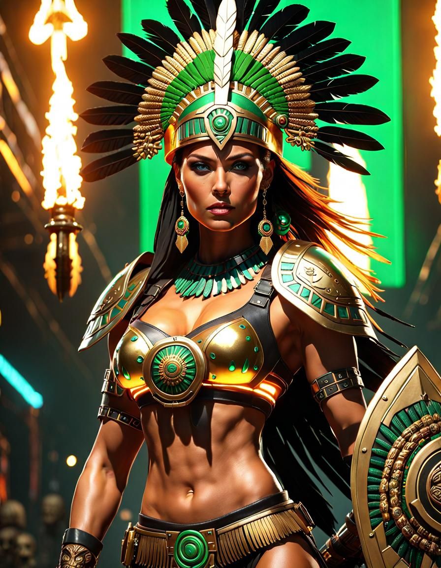 Aztec Warrior Woman with Flaming Sword in Cyberpunk Style