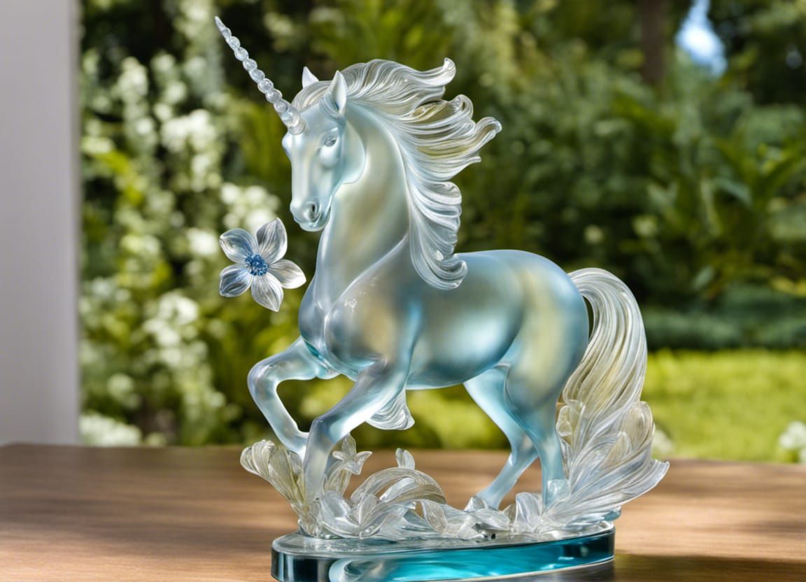 Art glass sculpture, a beautiful crystal unicorn adorned with flowers, detailed, realistic, Rene Lalique, Binh Pho, Loui...