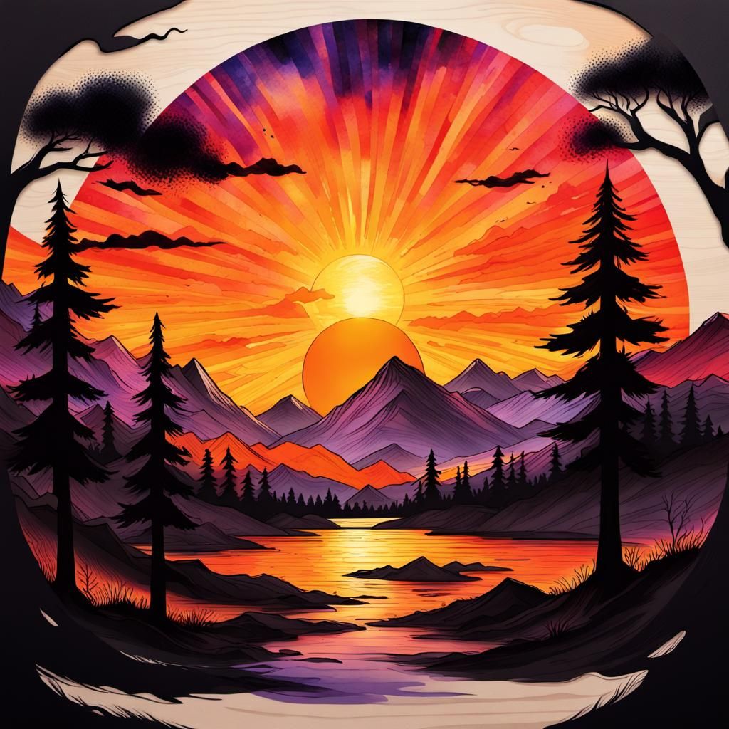 Dramatic Silhouette Landscape with Glitch and Watercolor Eff...