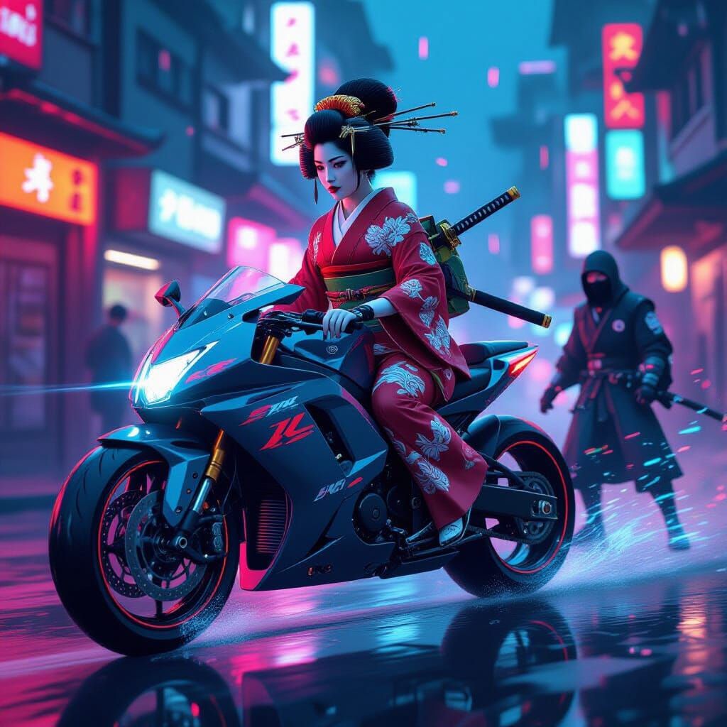 Geisha Rides to Cyberspace in Surreal Cyberpunk Dream