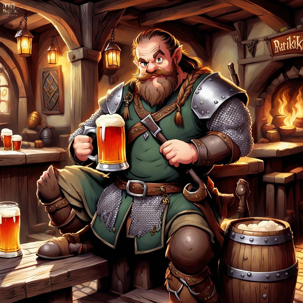 Cartoon Dwarf in Tavern with Axe and Beer
