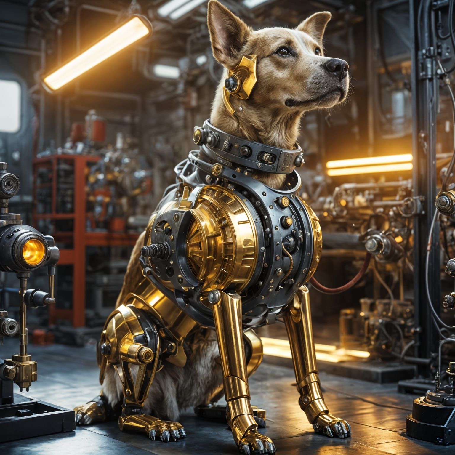 Solarpunk Mechanic Dog in High-Tech Workshop