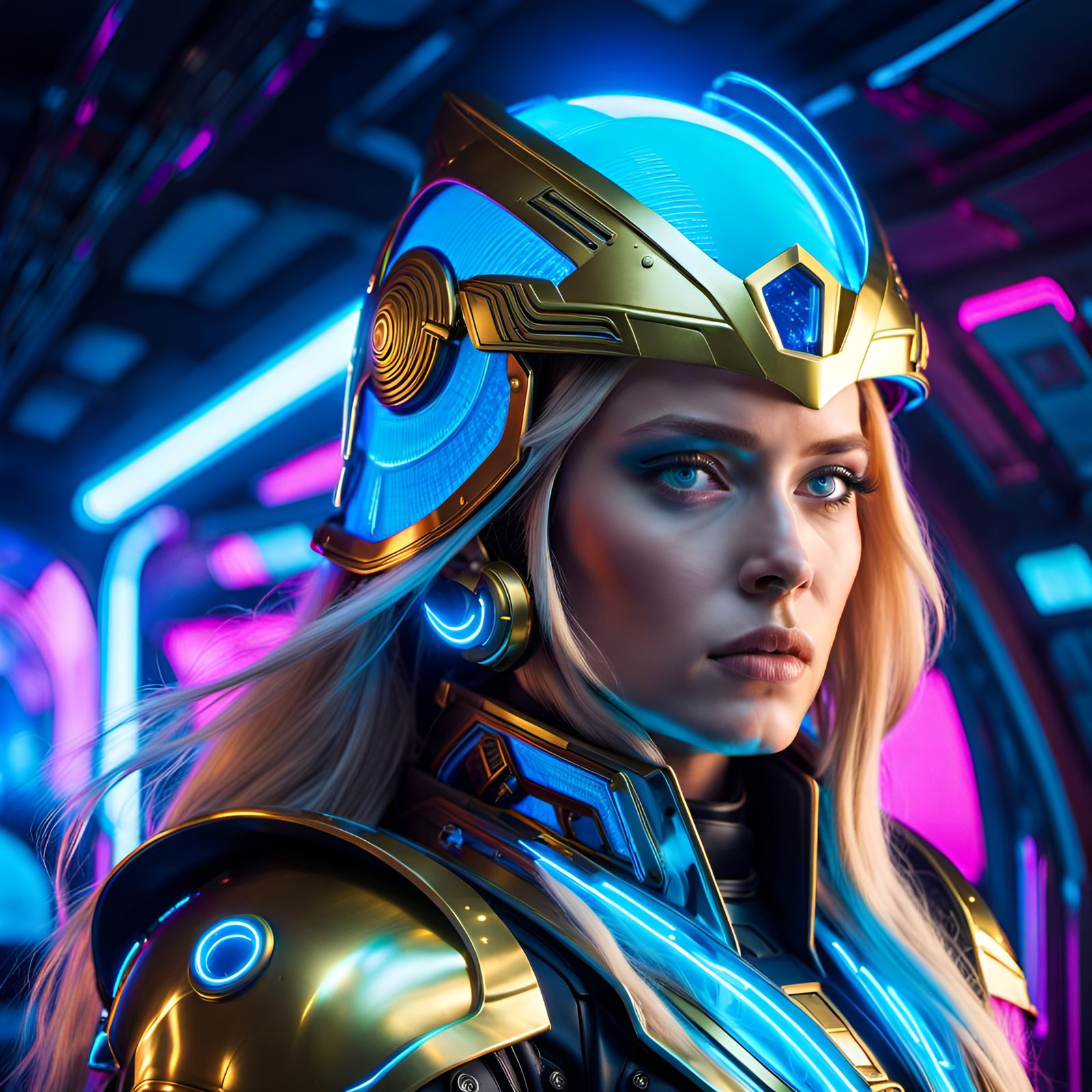 The Dazzling Gerta, an Alluring Futuristic Warrior with a Mystical Blue Helmet, Explores the Outer Reaches of Space