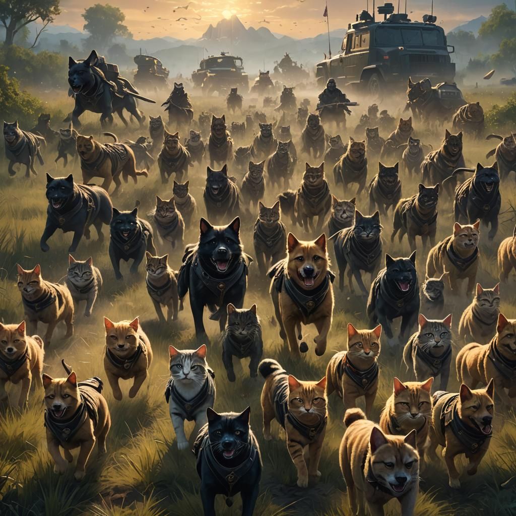 Cats and Dogs United in Epic Battle, Greg Rutkowski Style