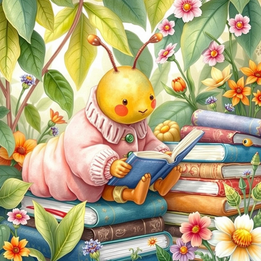 Caterpillar Reading a Book in Watercolor Style