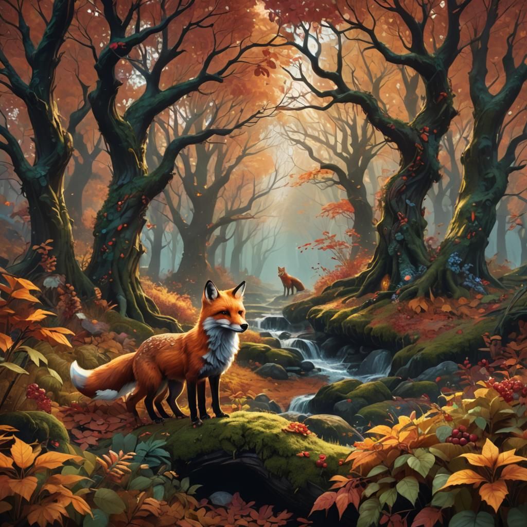 Fox in Autumn Forest: Detailed Matte Painting