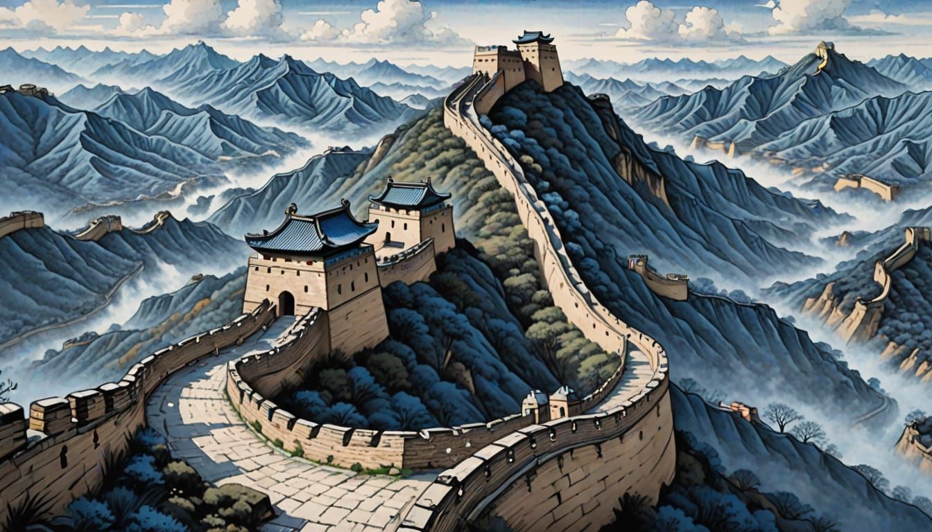 Detailed Blue Ink Drawing of the Great Wall