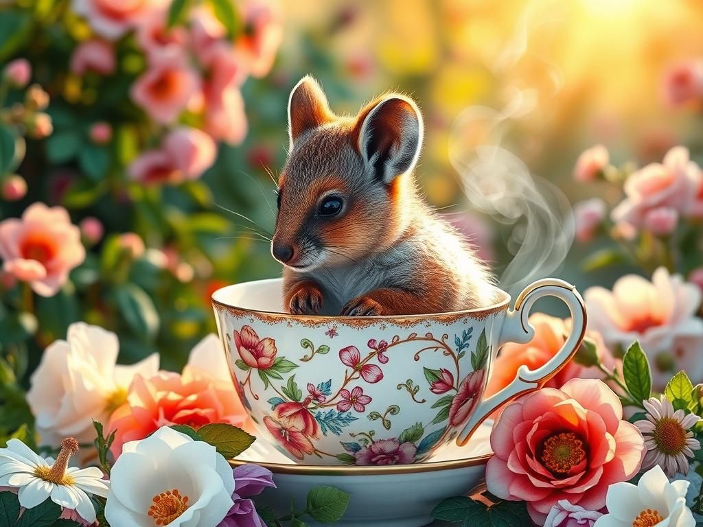 Quokka in Teacup, Whimsical Floral Renaissance Style