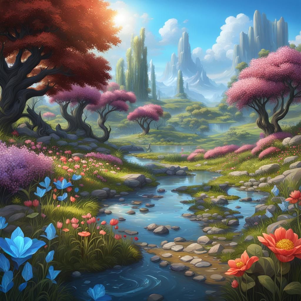 Fantasy Landscape with Creek in Digital Painting Style