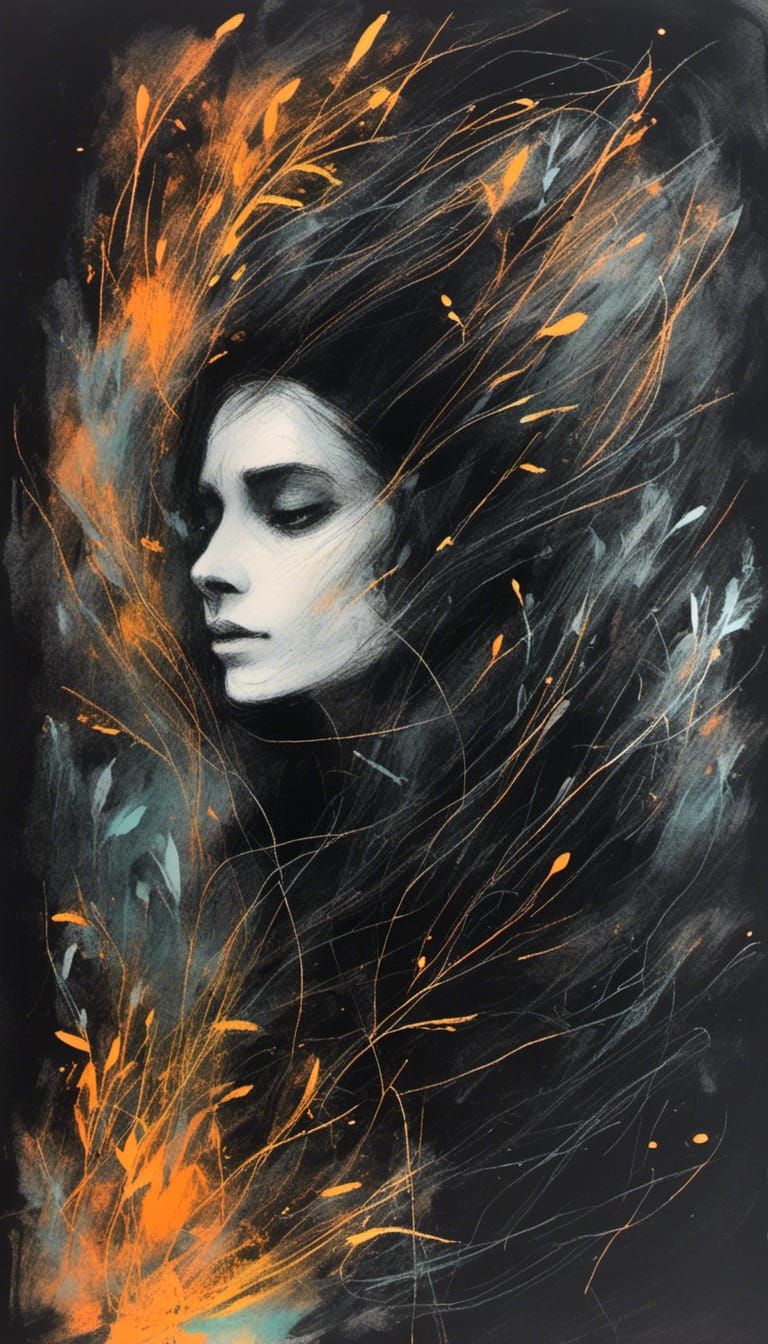 Glowing Forest Witch Portrait in Gouache and Charcoal