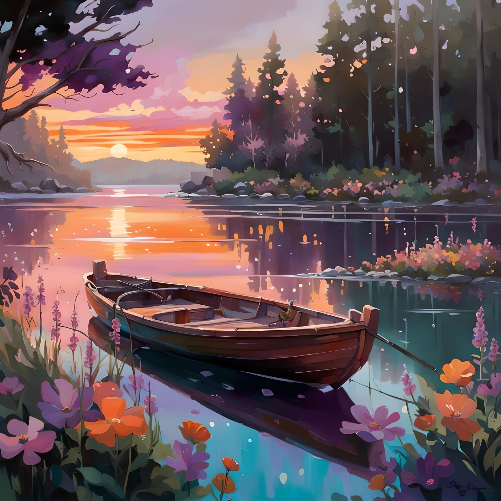 Tranquil Lakeside Sunset in Guweiz Style