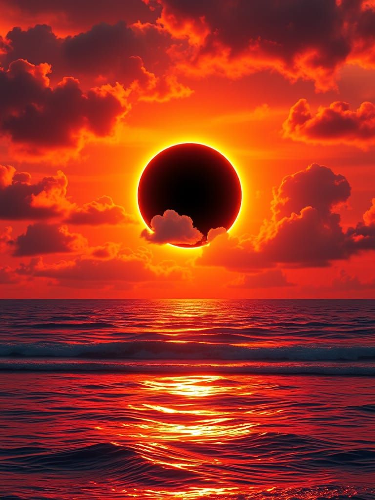 Surreal Solar Eclipse at Sunset Over Tranquil Ocean in Vibra...