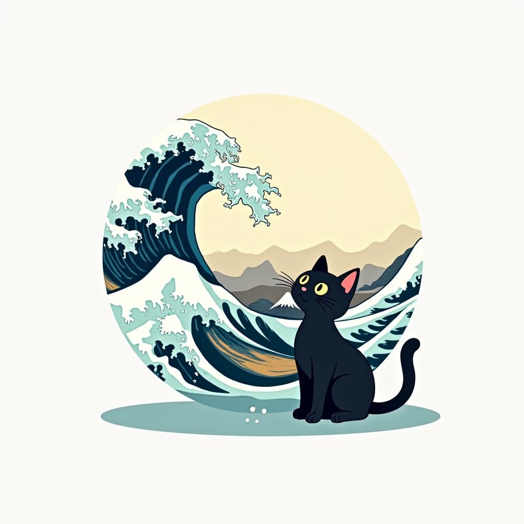 Black Cat Gazing at Great Wave in Anime Style